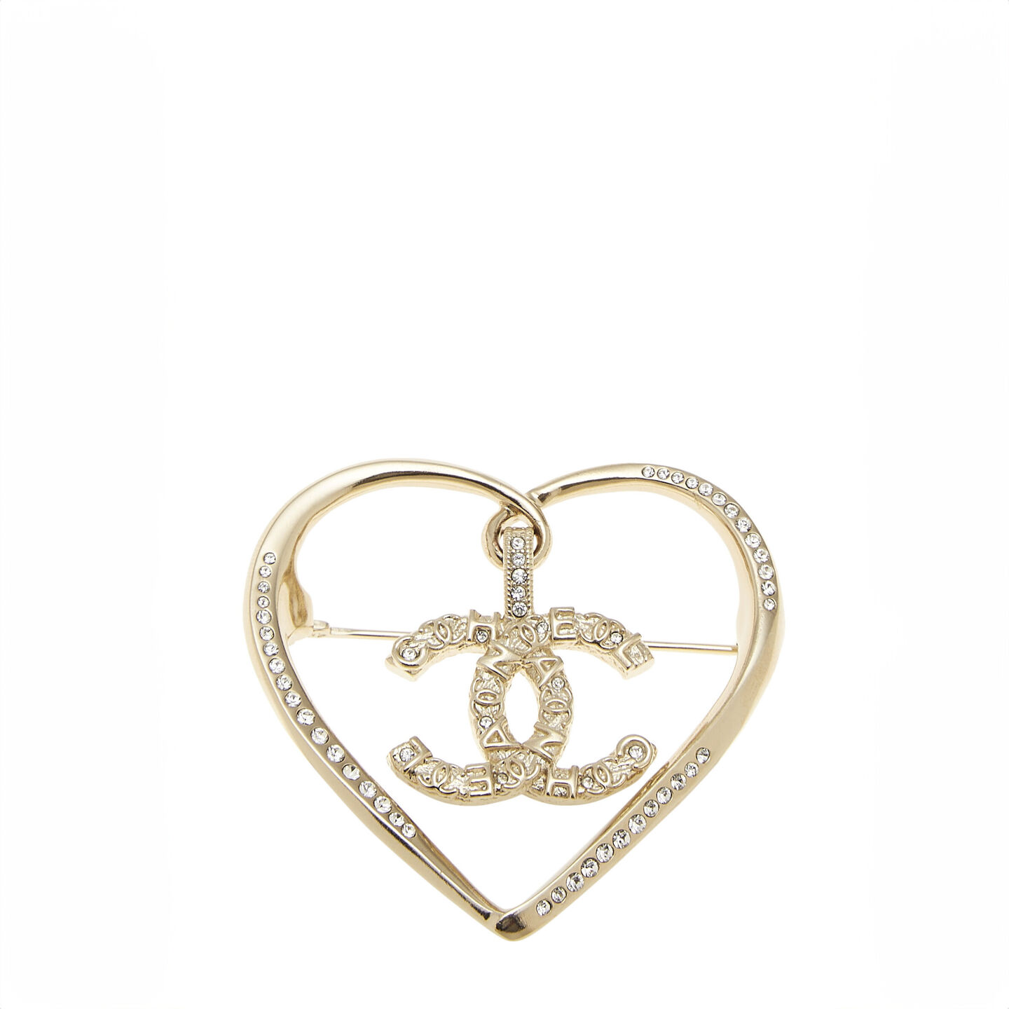 chanel gold & crystal 'cc' heart pin